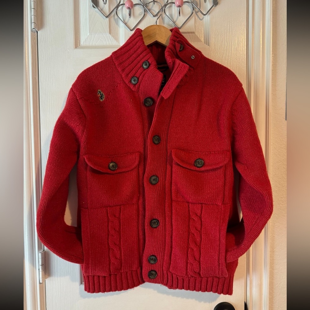 United Kingdom of Luke 1977 Red Wool Unisex Sweater Cardigans/ Knitted Jacket XL